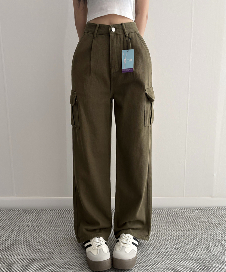 【丈別】カーゴストレートコットンパンツ KHAKI