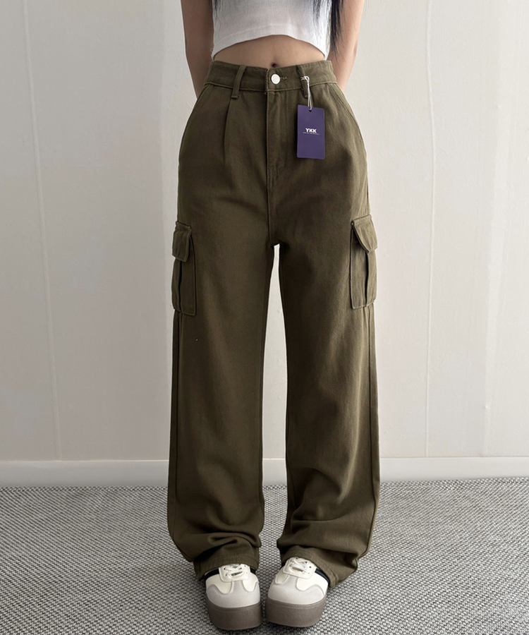 【丈別】カーゴストレートコットンパンツ KHAKI