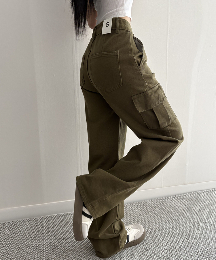 【丈別】カーゴストレートコットンパンツ KHAKI