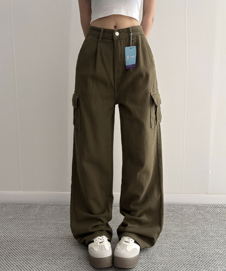 【丈別】カーゴストレートコットンパンツ KHAKI