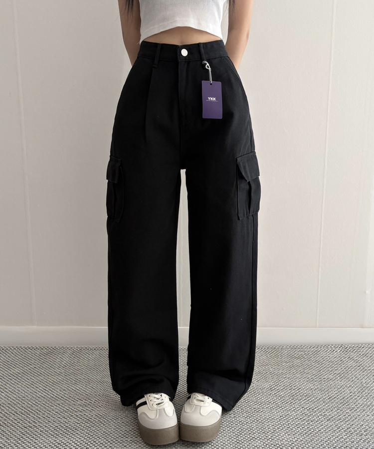 【丈別】カーゴストレートコットンパンツ BLACK