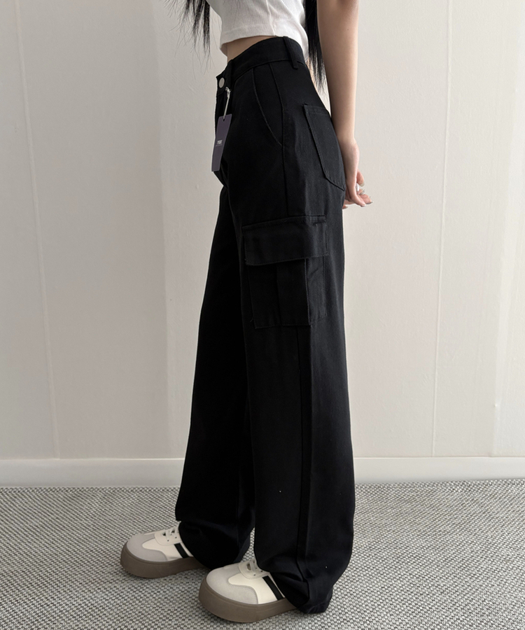 【丈別】カーゴストレートコットンパンツ BLACK