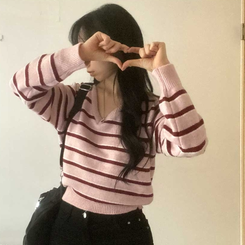 ボーダーバイカラーVネックニット PINK