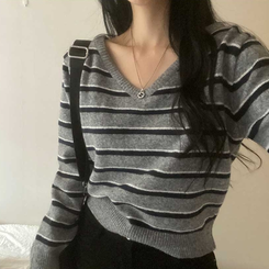 ボーダーバイカラーVネックニット GREY