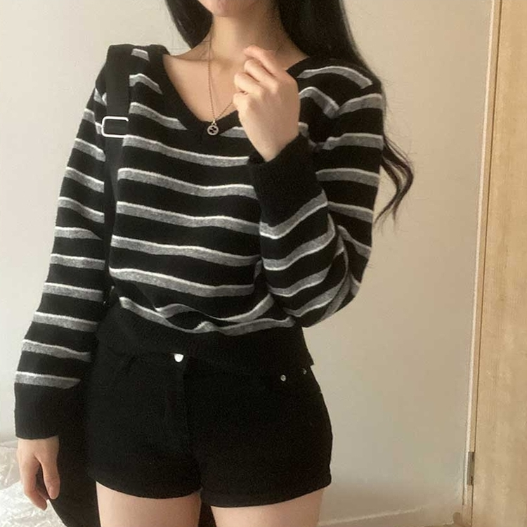 ボーダーバイカラーVネックニット BLACK