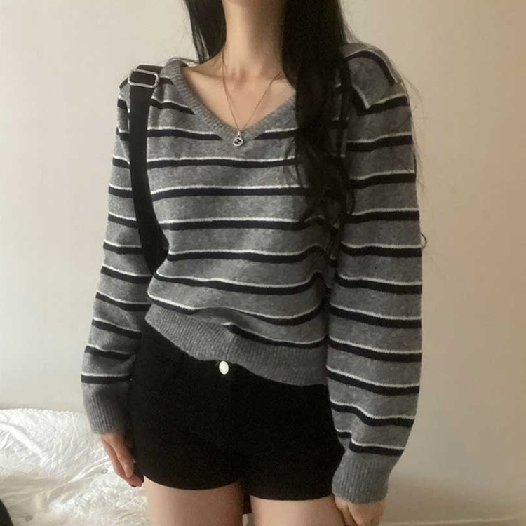 ボーダーバイカラーVネックニット GREY