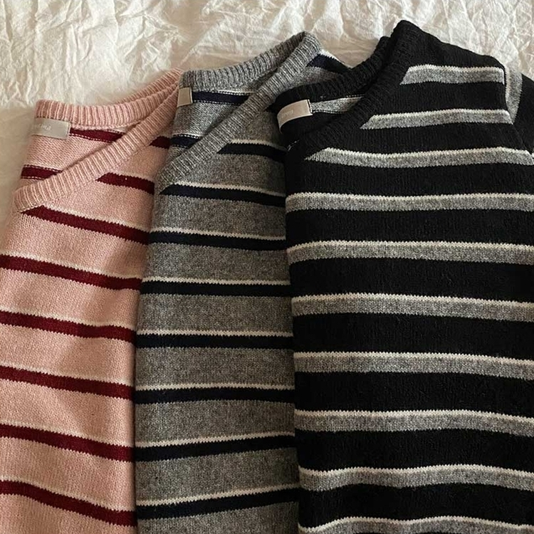 ボーダーバイカラーVネックニット