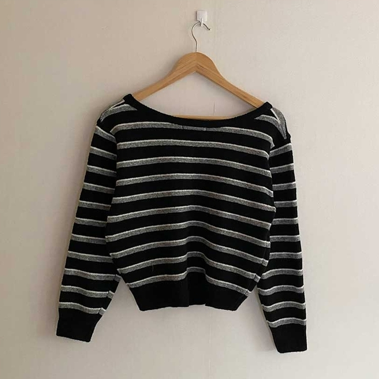 ボーダーバイカラーVネックニット