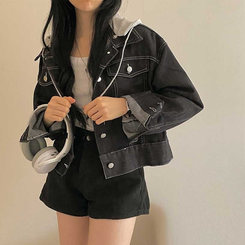 レイヤードデニムフードジャケット MID DENIM