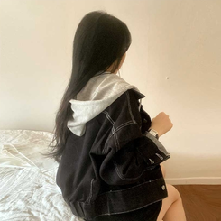 レイヤードデニムフードジャケット MID DENIM