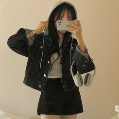 レイヤードデニムフードジャケット MID DENIM