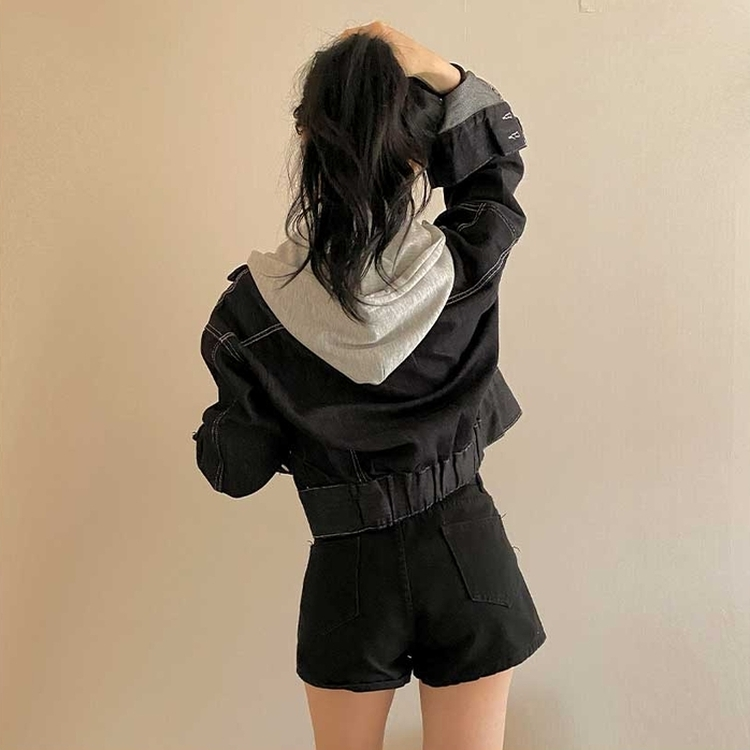 レイヤードデニムフードジャケット MID DENIM