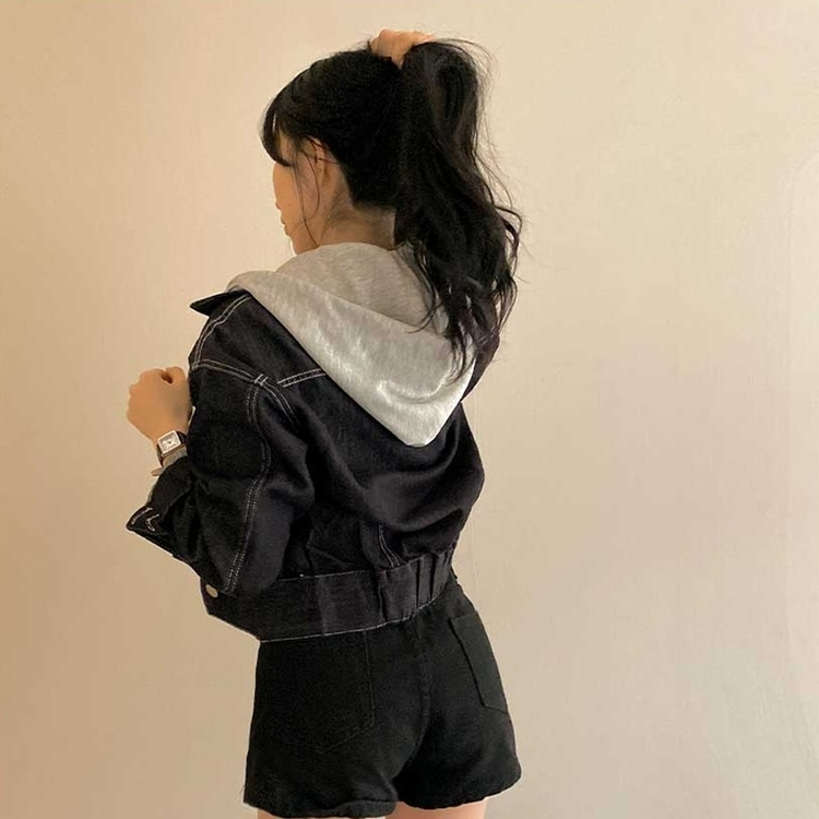 レイヤードデニムフードジャケット MID DENIM