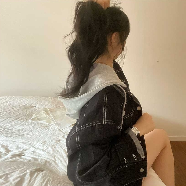 レイヤードデニムフードジャケット MID DENIM