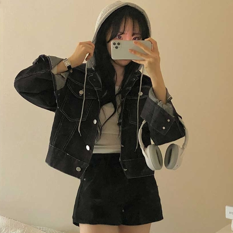 レイヤードデニムフードジャケット MID DENIM