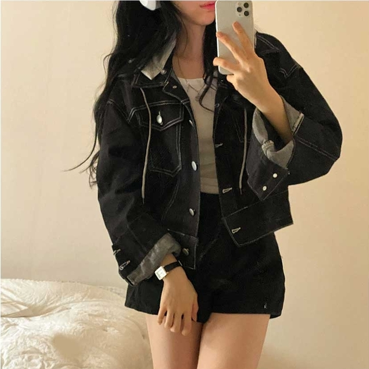 レイヤードデニムフードジャケット MID DENIM