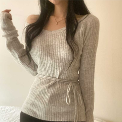 オフショルダーVネックリブニット LIGHT GRAY