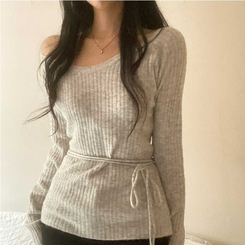 オフショルダーVネックリブニット LIGHT GRAY