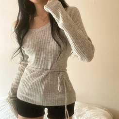 オフショルダーVネックリブニット LIGHT GRAY