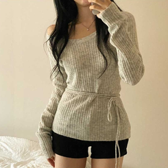 オフショルダーVネックリブニット LIGHT GRAY