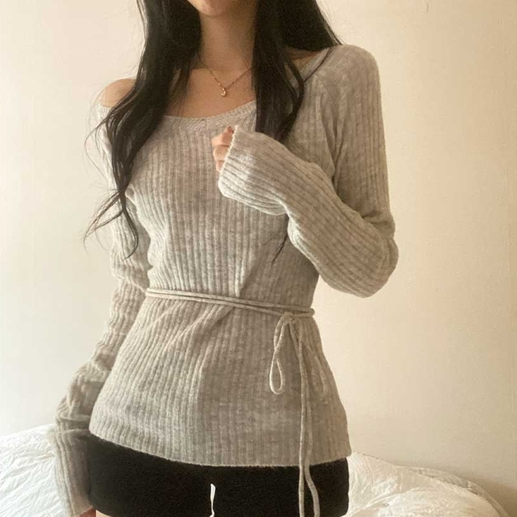 オフショルダーVネックリブニット LIGHT GRAY