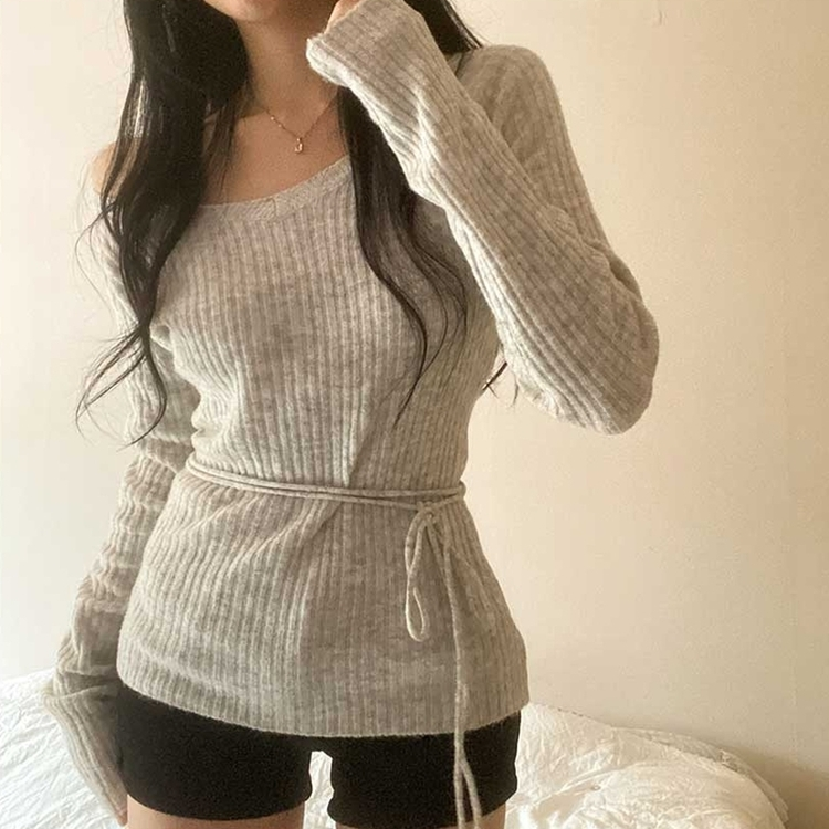 オフショルダーVネックリブニット LIGHT GRAY