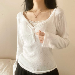 パンチングVネックボタン長袖Tシャツ IVORY