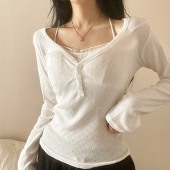 パンチングVネックボタン長袖Tシャツ IVORY