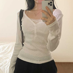 パンチングVネックボタン長袖Tシャツ IVORY