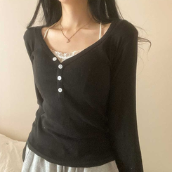 パンチングVネックボタン長袖Tシャツ BLACK