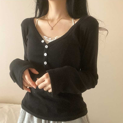 パンチングVネックボタン長袖Tシャツ BLACK