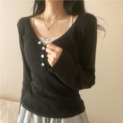 パンチングVネックボタン長袖Tシャツ BLACK