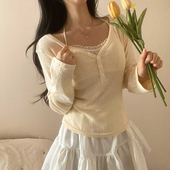 パンチングVネックボタン長袖Tシャツ CREAM