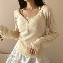 パンチングVネックボタン長袖Tシャツ CREAM