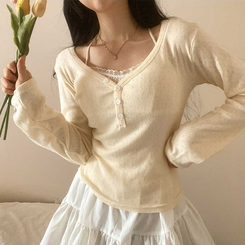 パンチングVネックボタン長袖Tシャツ CREAM