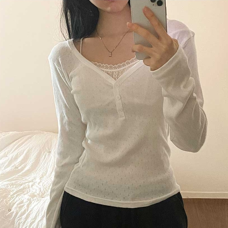 パンチングVネックボタン長袖Tシャツ IVORY