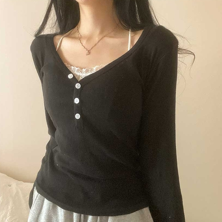 パンチングVネックボタン長袖Tシャツ BLACK