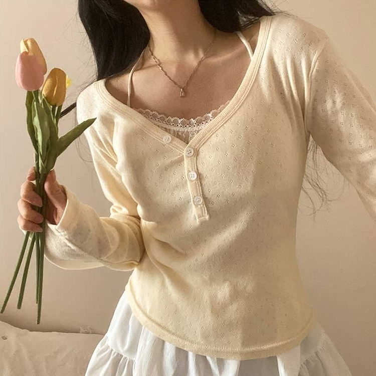 パンチングVネックボタン長袖Tシャツ CREAM