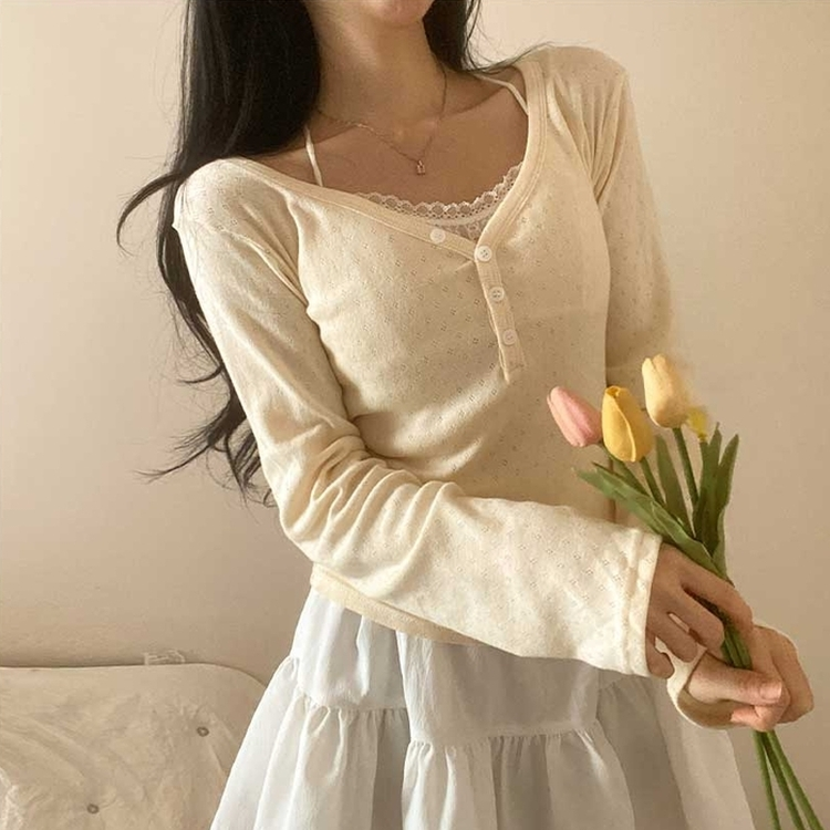 パンチングVネックボタン長袖Tシャツ CREAM