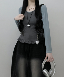 【SET】ホルターフリルキャミソール＋スリム長袖Tシャツ SKY BLUE