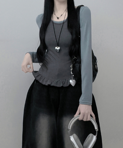 【SET】ホルターフリルキャミソール＋スリム長袖Tシャツ SKY BLUE