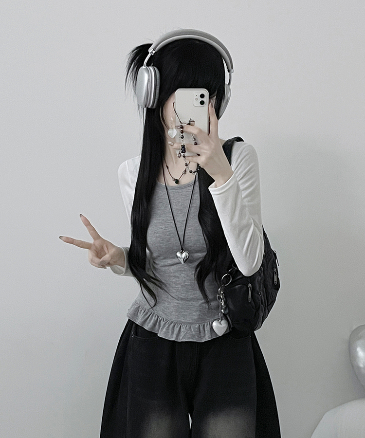 【SET】ホルターフリルキャミソール＋スリム長袖Tシャツ WHITE