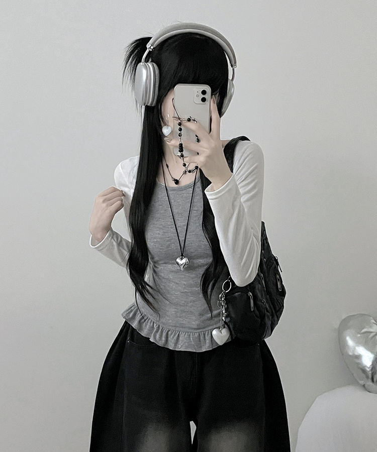 【SET】ホルターフリルキャミソール＋スリム長袖Tシャツ WHITE