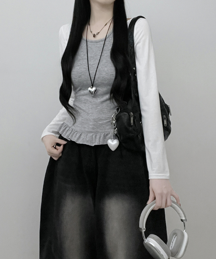 【SET】ホルターフリルキャミソール＋スリム長袖Tシャツ WHITE