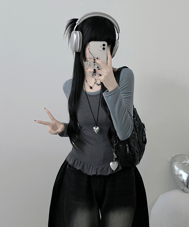 【SET】ホルターフリルキャミソール＋スリム長袖Tシャツ SKY BLUE