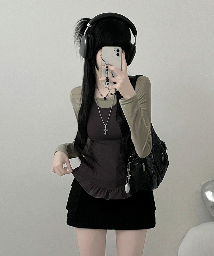 【SET】ホルターフリルキャミソール＋スリム長袖Tシャツ KHAKI