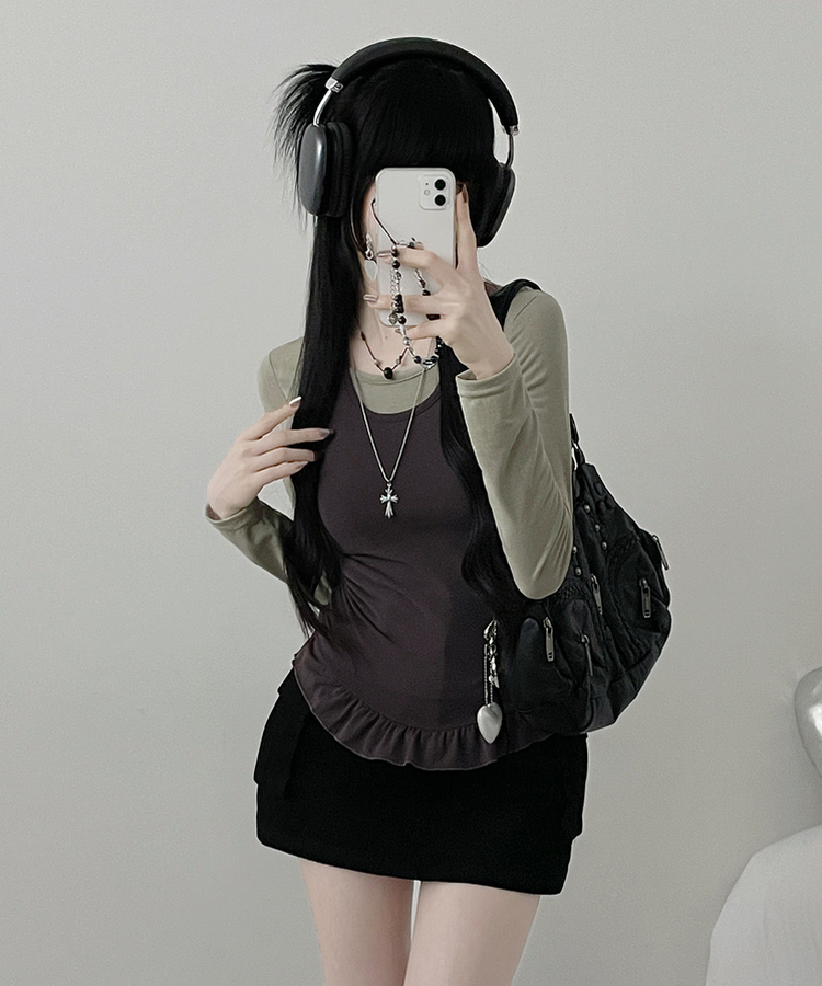 【SET】ホルターフリルキャミソール＋スリム長袖Tシャツ KHAKI