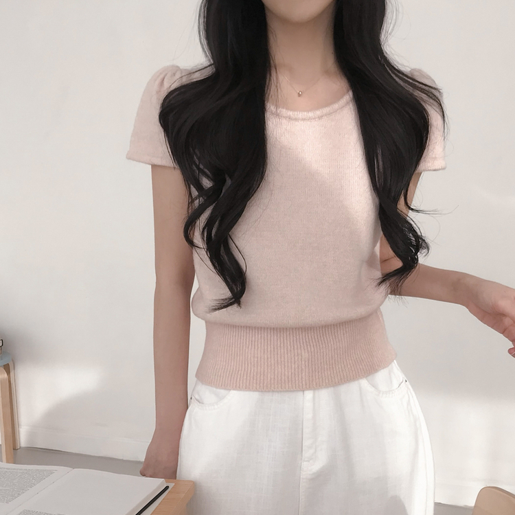ラブリーUネック半袖ニット PINK