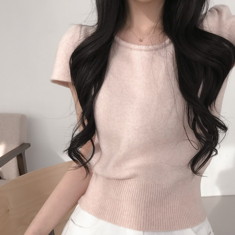 ラブリーUネック半袖ニット PINK
