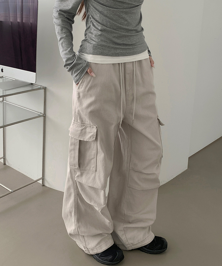 3XL코튼 투웨이 포켓 무릎 셔링 와이드 밴딩 팬츠 다크그레이